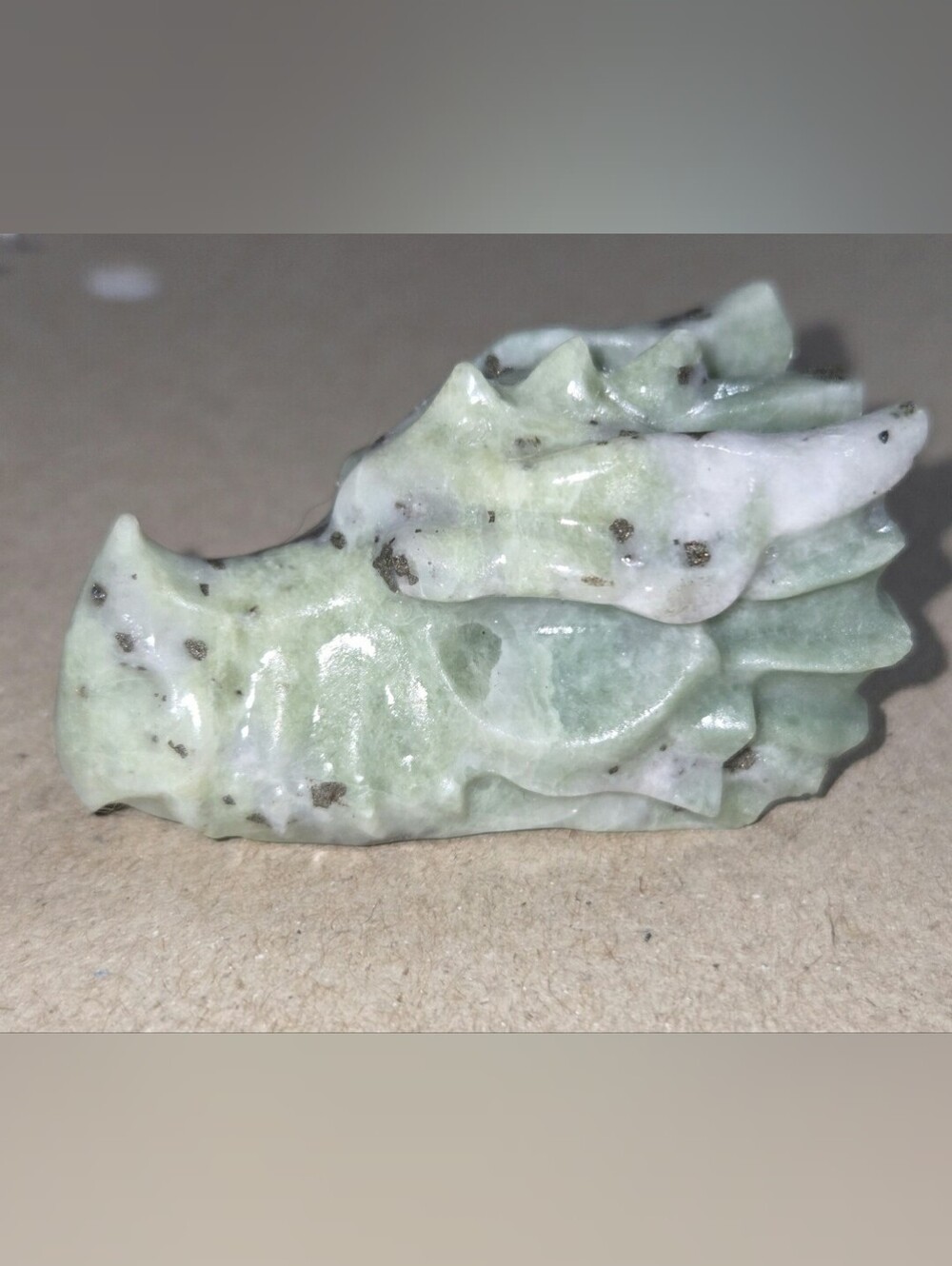 Detailed Kiwi Jasper Crystal Carved Dragon Head Stone Sculpture Decor